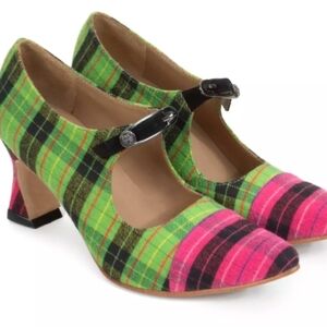 John Fluevog Green and Pink Plaid Heels